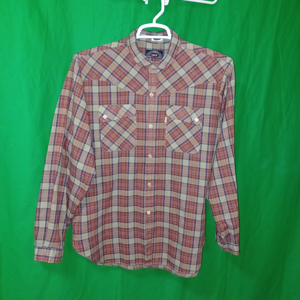 Levis Mens XL Western Plaid Long Sleeve Button Down Shirt Red Blue Tan Yoke